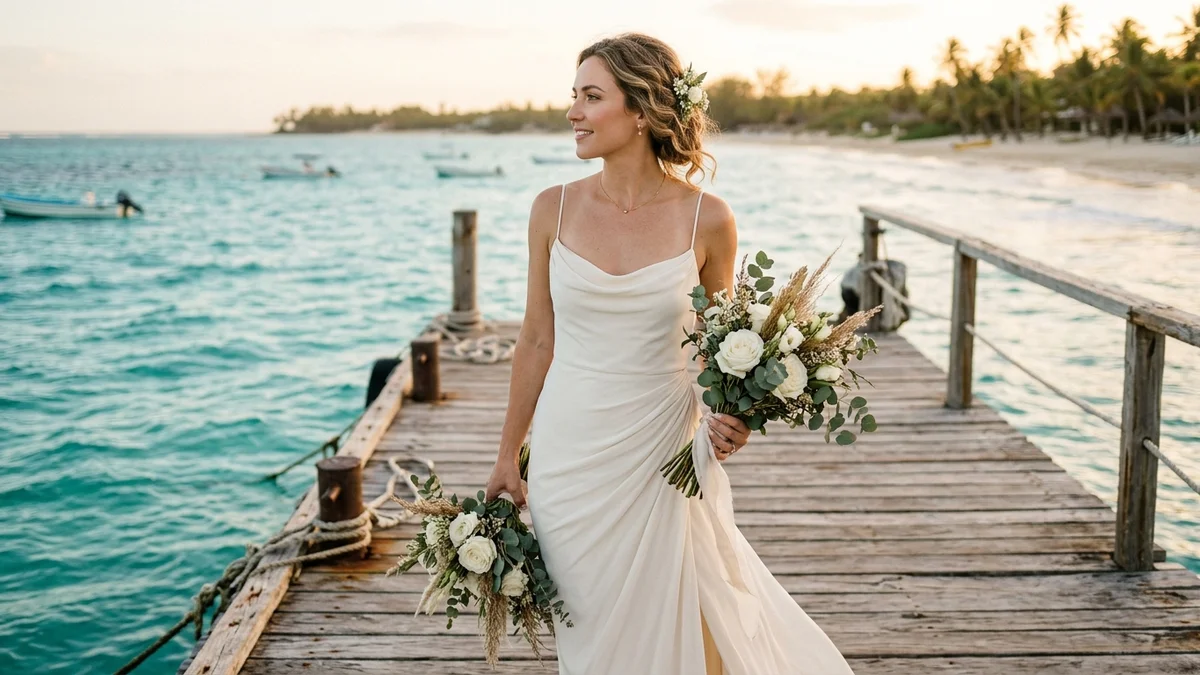 Bride in an elegant lightweight beach wedding dress standing on a wooden pier overlooking turquoise ocean waters at sunset
