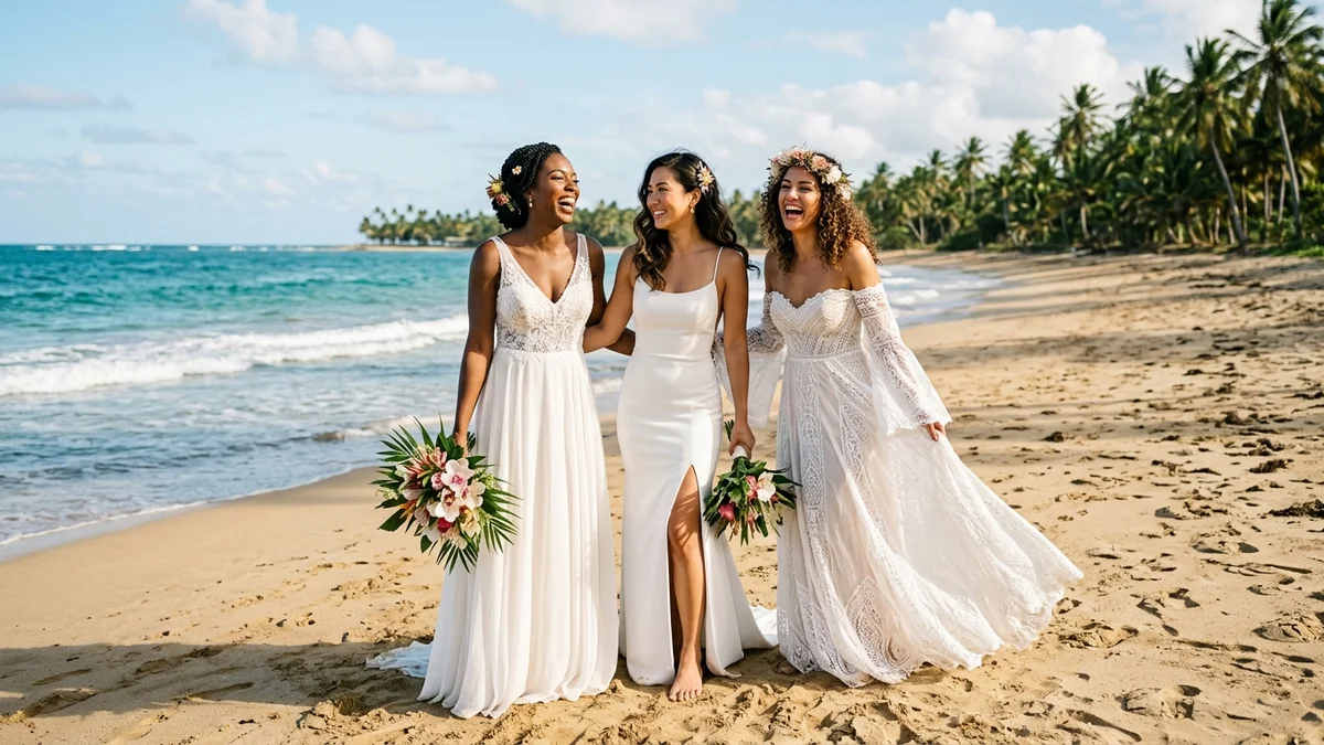 Three brides wearing different beach wedding dress silhouettes posing together on a sandy beach with palm trees and ocean in the background