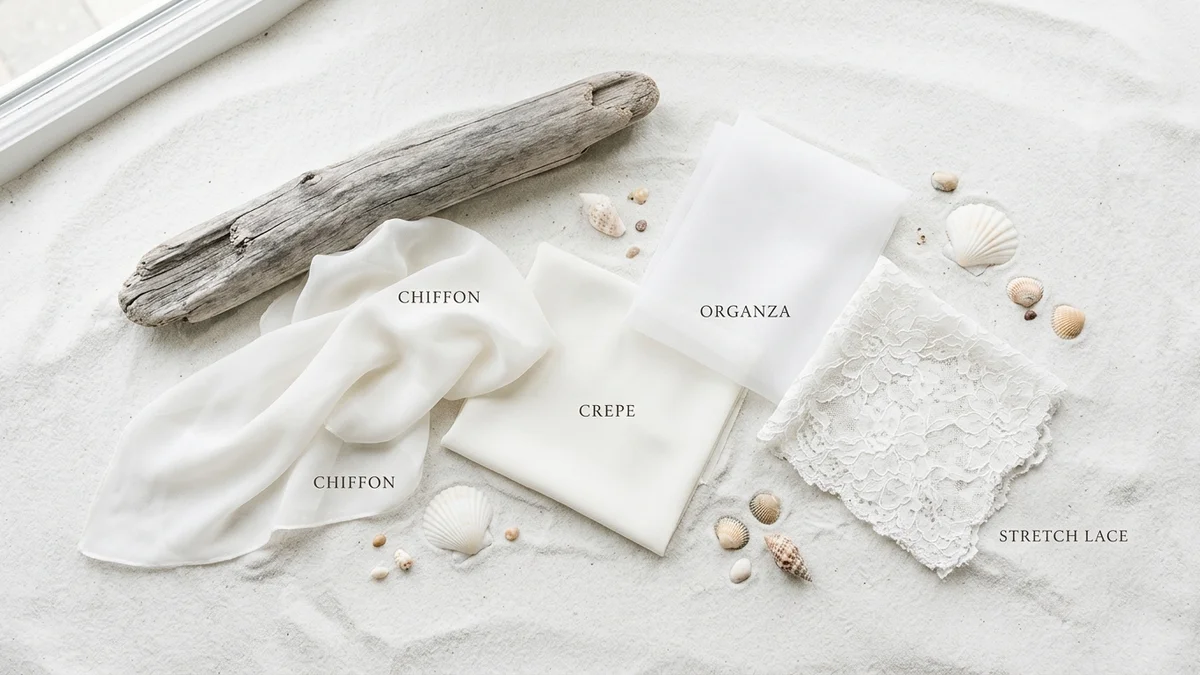 Close-up of flowing chiffon and delicate lace wedding dress fabrics draped over a driftwood branch on white sand beach