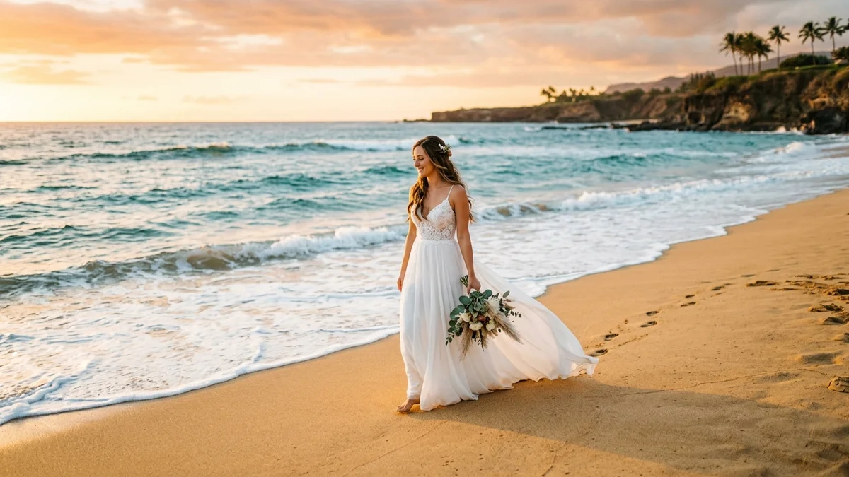 Bride in a flowing chiffon wedding dress walking barefoot along a sun-kissed shoreline at golden hour, waves gently lapping at her feet