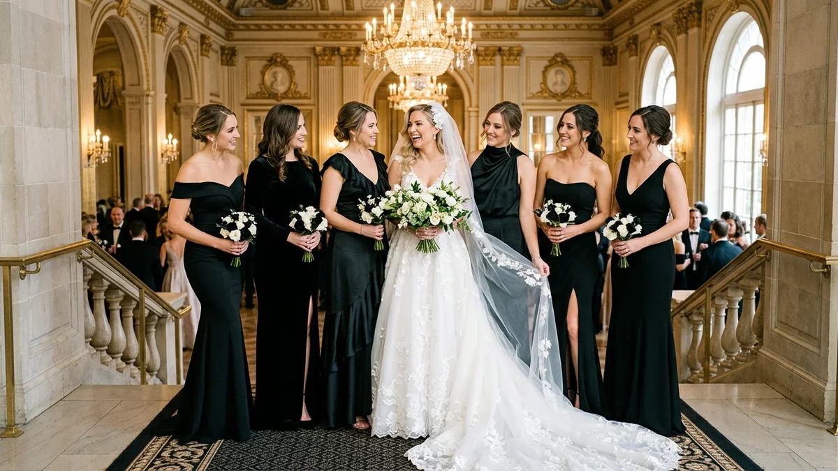 Bridal party in black gowns standing in a mix-and-match arrangement with gold jewelry and white peony bouquets in a modern loft venue