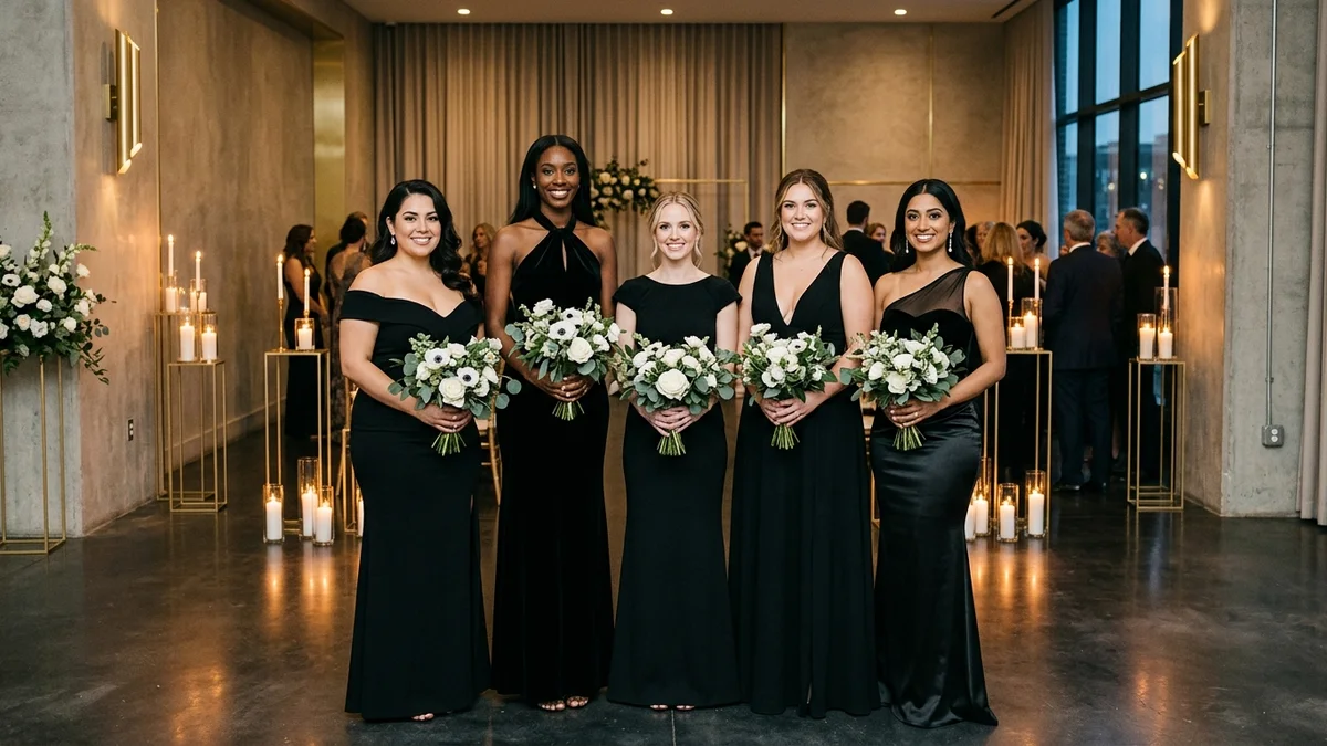 Elegant bridal party in floor-length black gowns standing in modern minimalist venue with gold accents