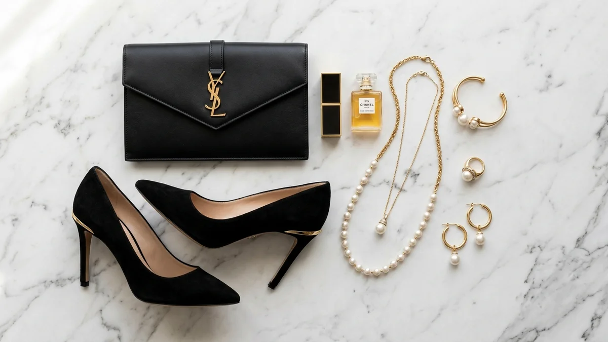 Three accessory flat lays on a white marble surface showing gold jewelry, emerald clutch, and silver strappy heels paired with a draped black satin dress