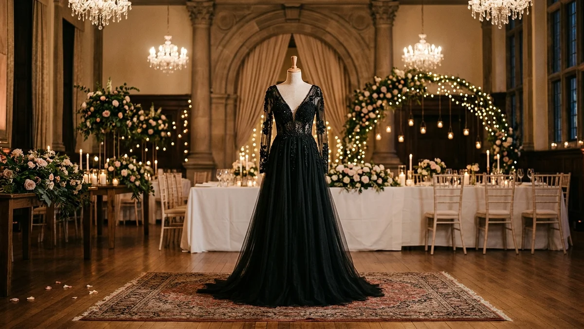 Woman in an elegant floor-length black satin gown with gold statement earrings, standing in a candlelit ballroom with warm amber light reflecting off marble floors