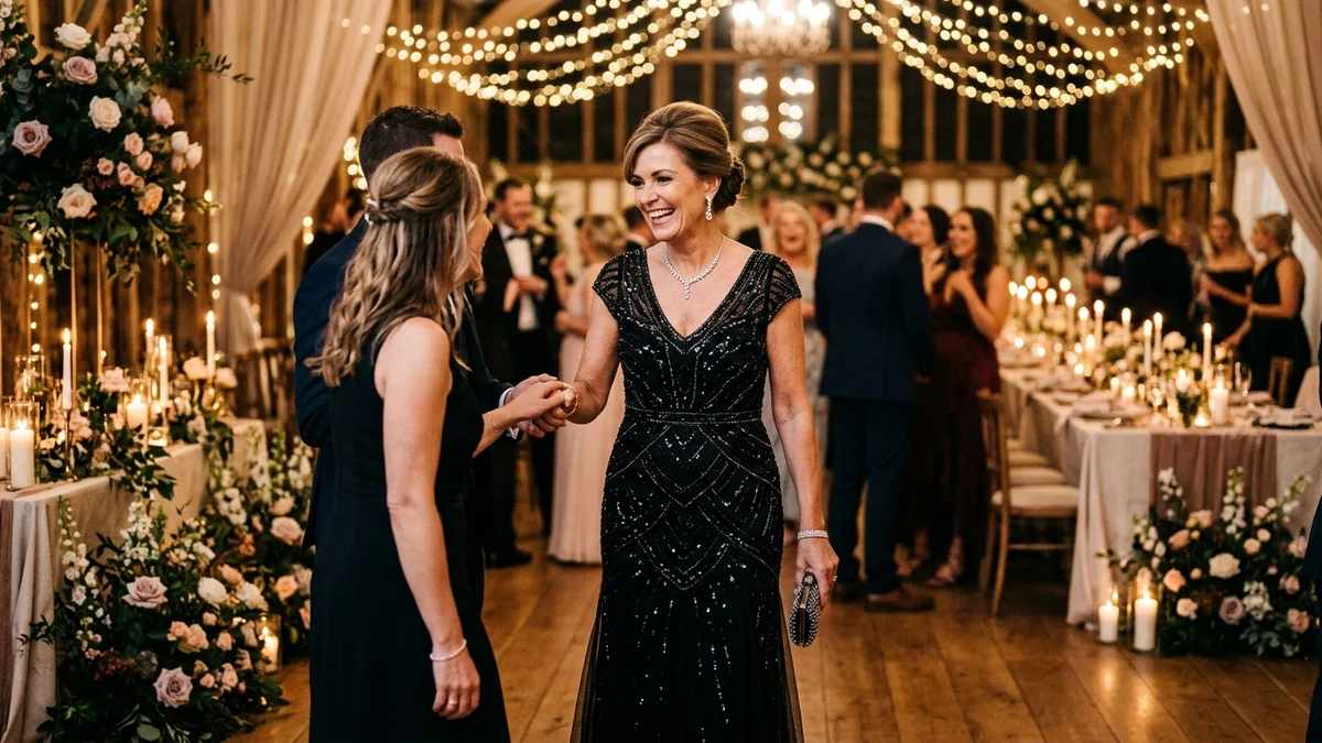 Confident mother of the bride wearing a black beaded gown greeting guests at an elegant evening wedding venue with warm string lights