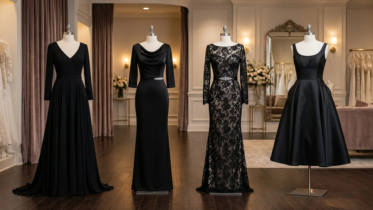 Four different black mother of the bride dress silhouettes displayed on mannequins in a luxury bridal salon with soft spotlight lighting