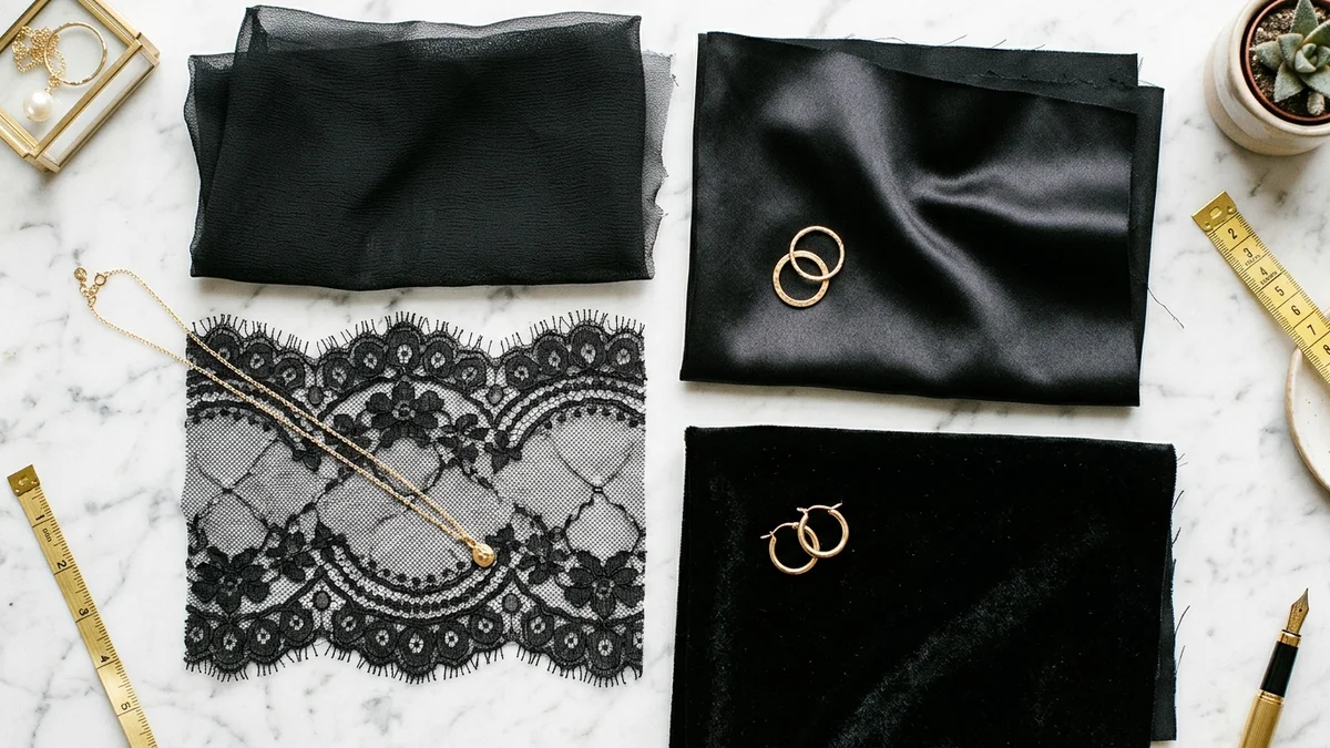 Close-up of different black fabric swatches including chiffon, lace, satin, and velvet arranged elegantly on a marble surface beside gold jewelry