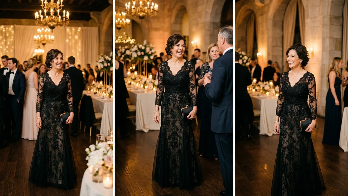 Elegant mother of the bride in a sophisticated black floor-length gown with delicate lace details at a candlelit evening wedding reception