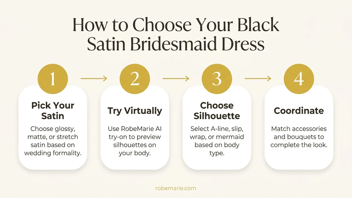 How RobeMarie virtual try-on works for previewing black satin bridesmaid dresses