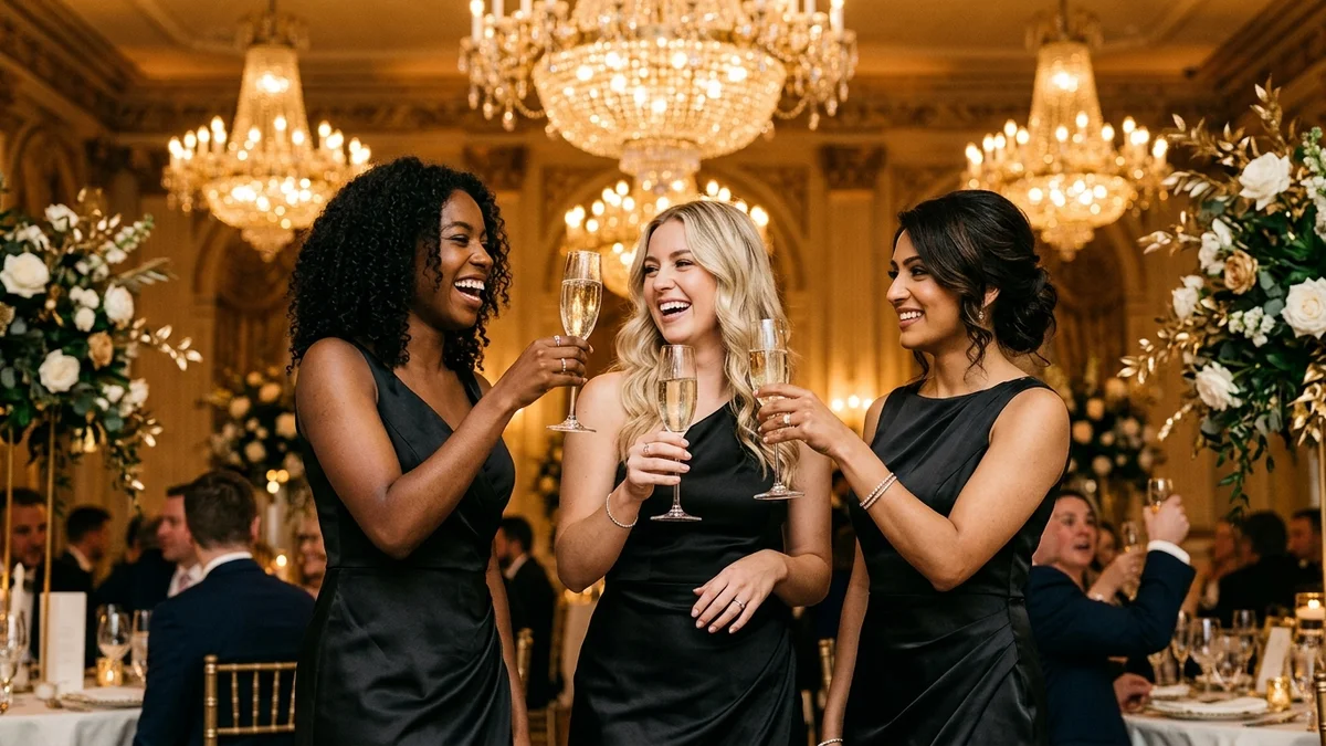Bridesmaids in flowing black satin gowns toasting champagne in a romantic ballroom with crystal chandeliers and warm candlelight