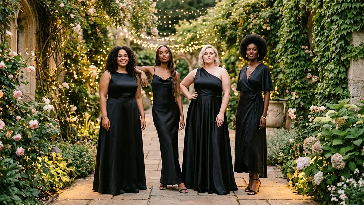 Four bridesmaids each wearing a different black satin silhouette standing together in an elegant garden with trailing ivy and fairy lights