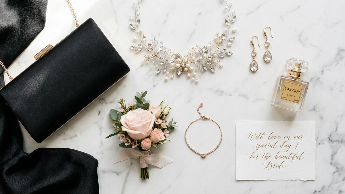 Close-up of bridal party accessories laid on a marble surface: gold drop earrings, crystal hair pins, black satin clutch, and a blush rose boutonniere