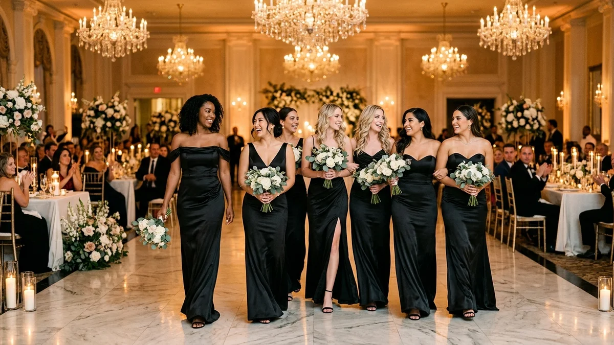 Bridesmaids in elegant black satin dresses walking together through a candlelit reception hall with gold accents