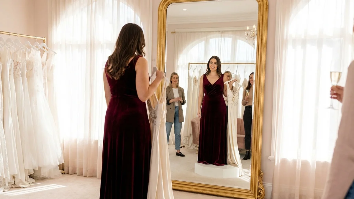 Wedding guest trying on elegant floor-length gown in boutique