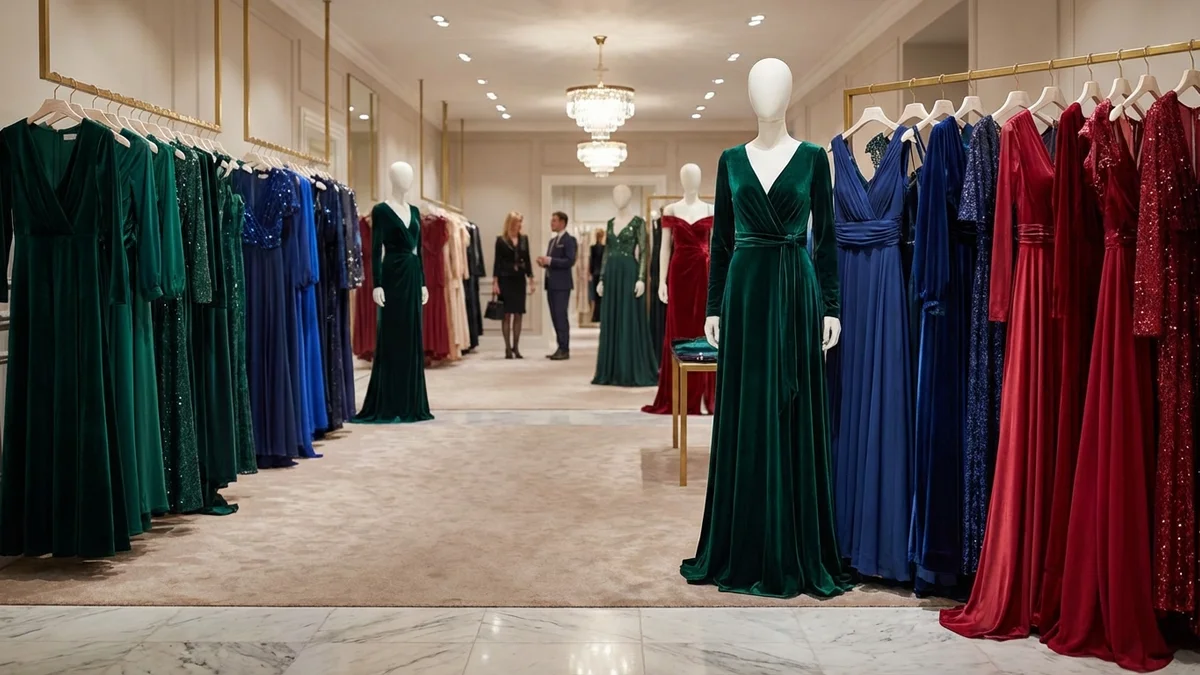Collection of elegant evening gowns in jewel tone colors
