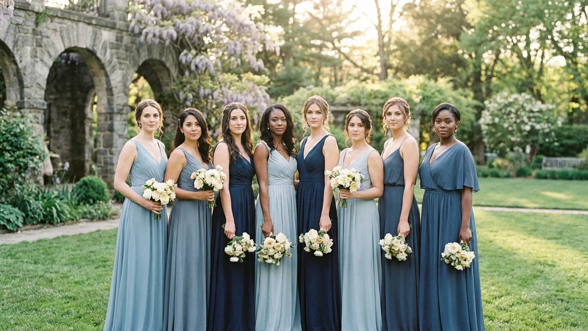 Bridesmaids wearing elegant blue dresses in various shades standing together