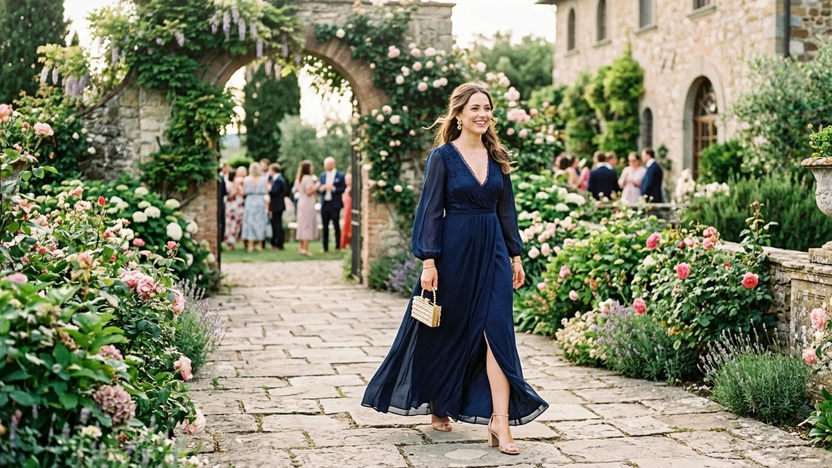 Confident wedding guest in a navy blue dress walking through an elegant garden venue
