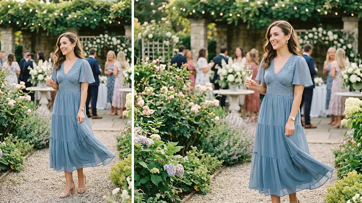 Different shades of blue wedding guest dresses arranged from light to dark in a luxury boutique setting