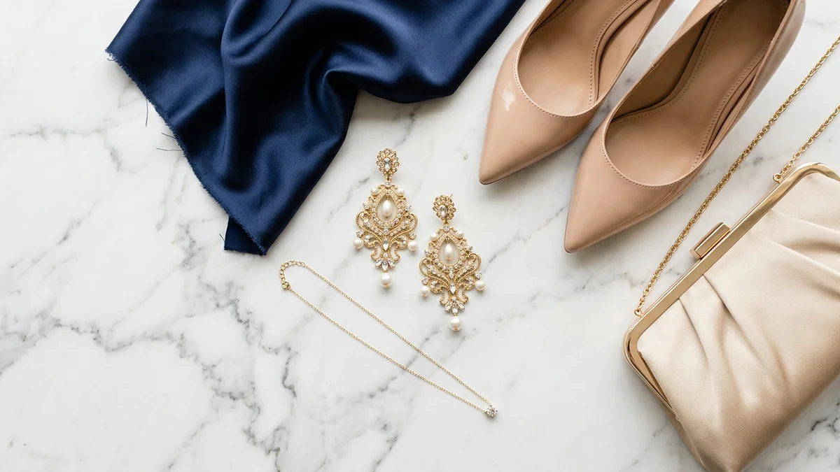 Elegant flat lay of wedding guest accessories including gold jewelry, nude heels, and a silk clutch arranged beside a navy blue dress