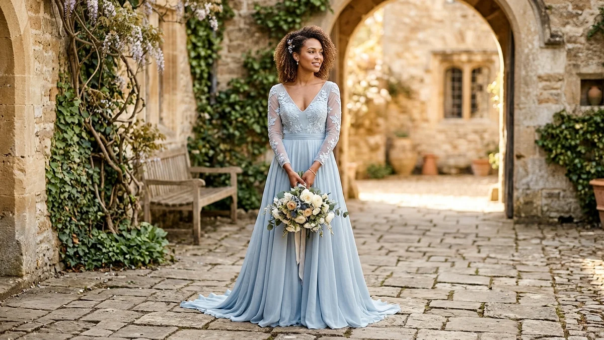 Novia sonriendo con un vestido de novia corte A en azul empolvado suave, de pie en un patio de piedra bañado por el sol