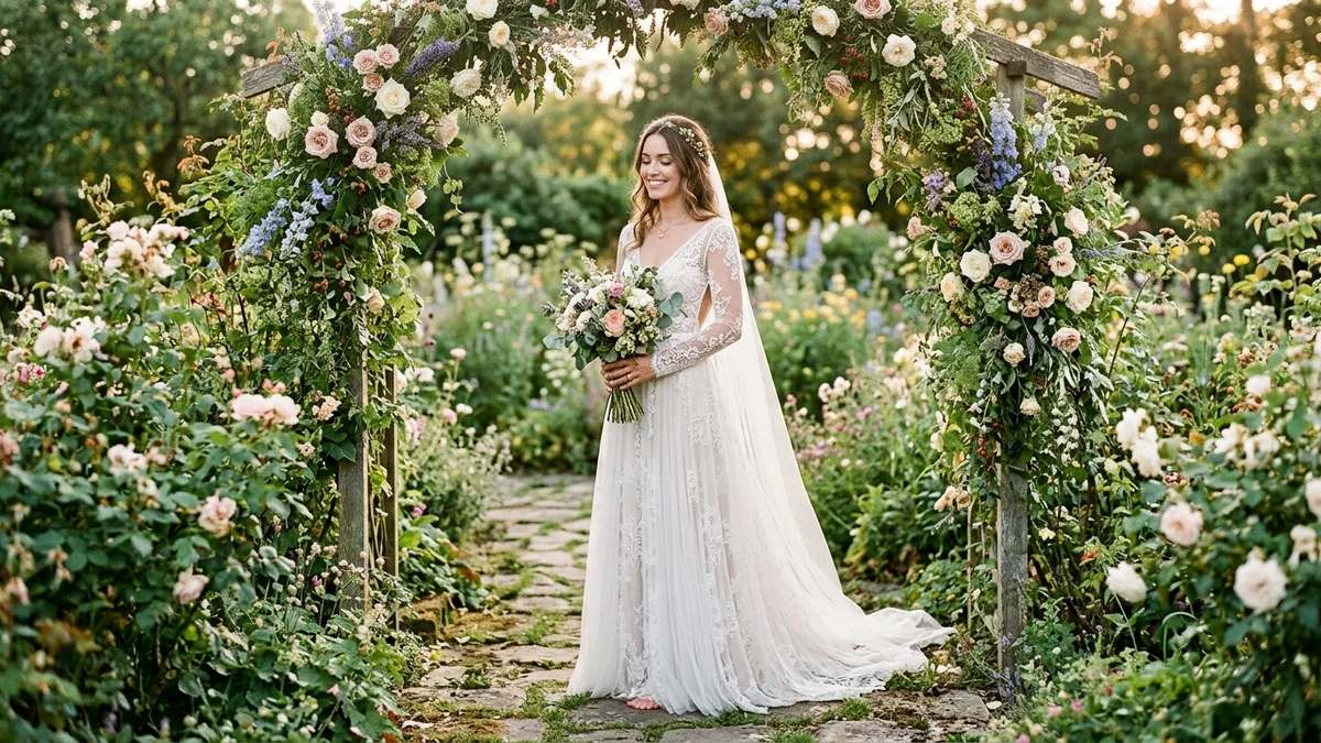 Bride in a flowing A-line boho lace wedding dress standing in a lush garden archway covered in greenery and wildflowers, soft natural lighting