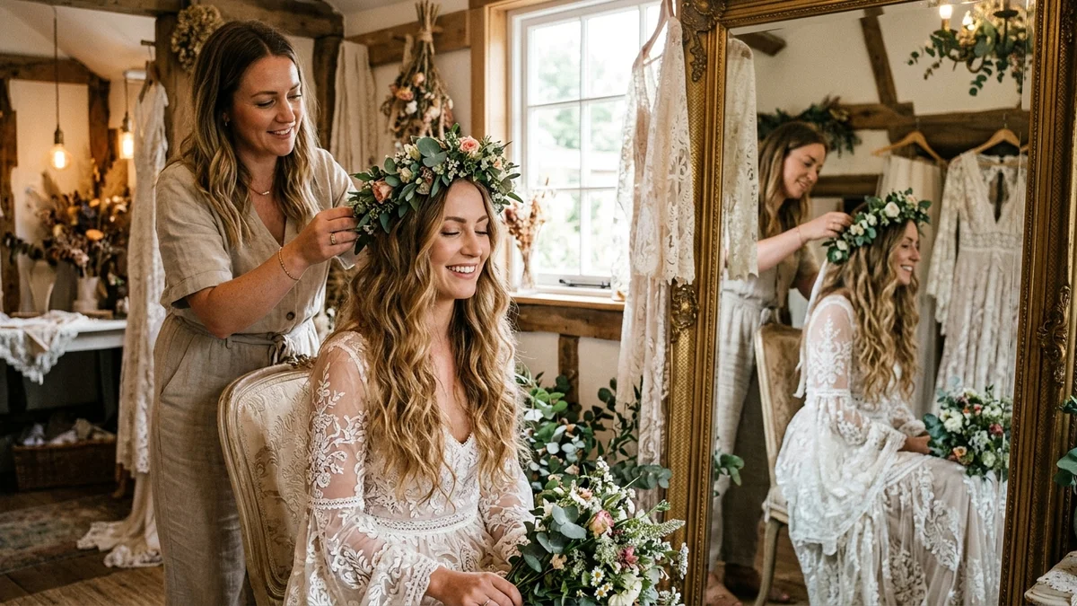 Bridal consultant arranging a flower crown on a bride with loose wavy hair, vintage mirror reflecting her flowing bohemian lace gown, warm candid boutique moment