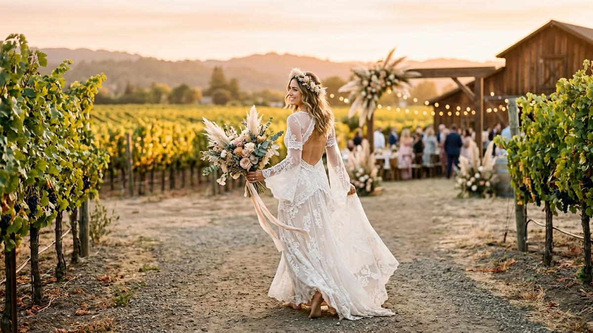 Boho bride in a rustic vineyard wearing a flowy lace gown with open back detail, holding a wildflower bouquet with pampas grass, golden hour sunset light