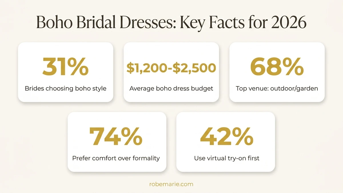 Boho bridal dress statistics showing key trends and facts for 2026 brides