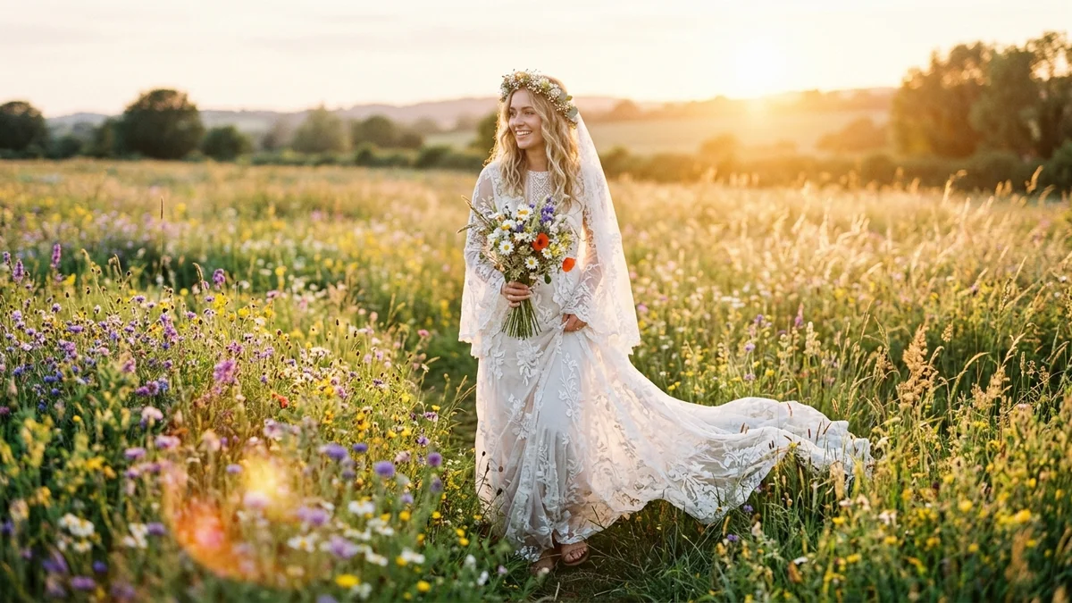 Bride in a flowing bohemian lace wedding dress with bell sleeves walking through a sun-drenched wildflower meadow at golden hour