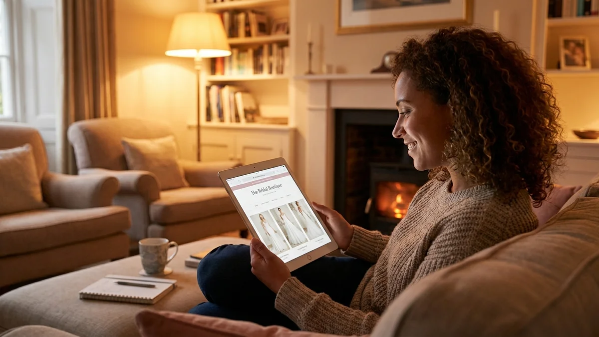 Bride researching bridal shops