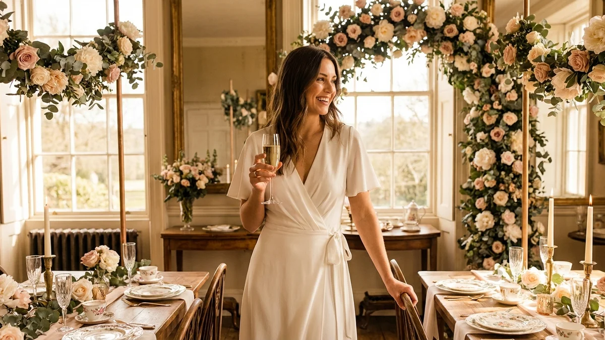 Bride-to-be in a stylish white bridal shower dress at an elegant venue