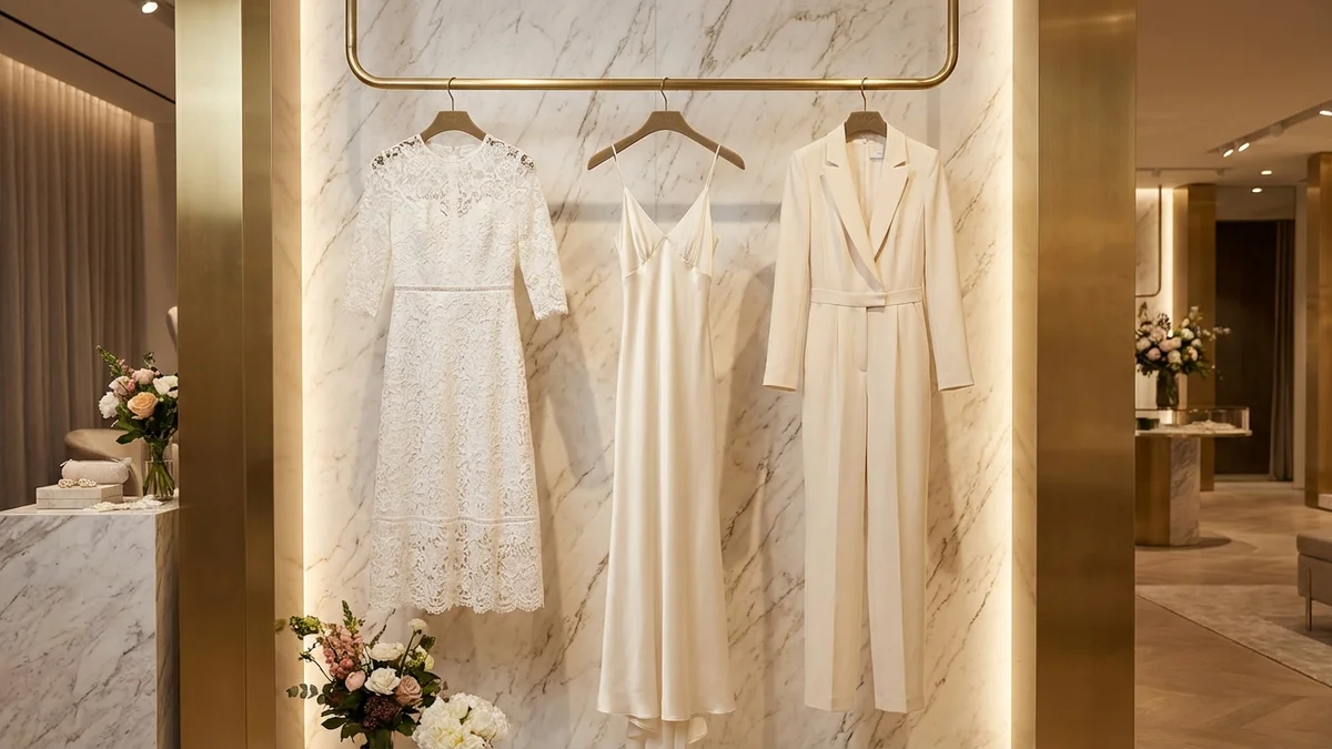 Different bridal shower dress styles displayed in a boutique setting