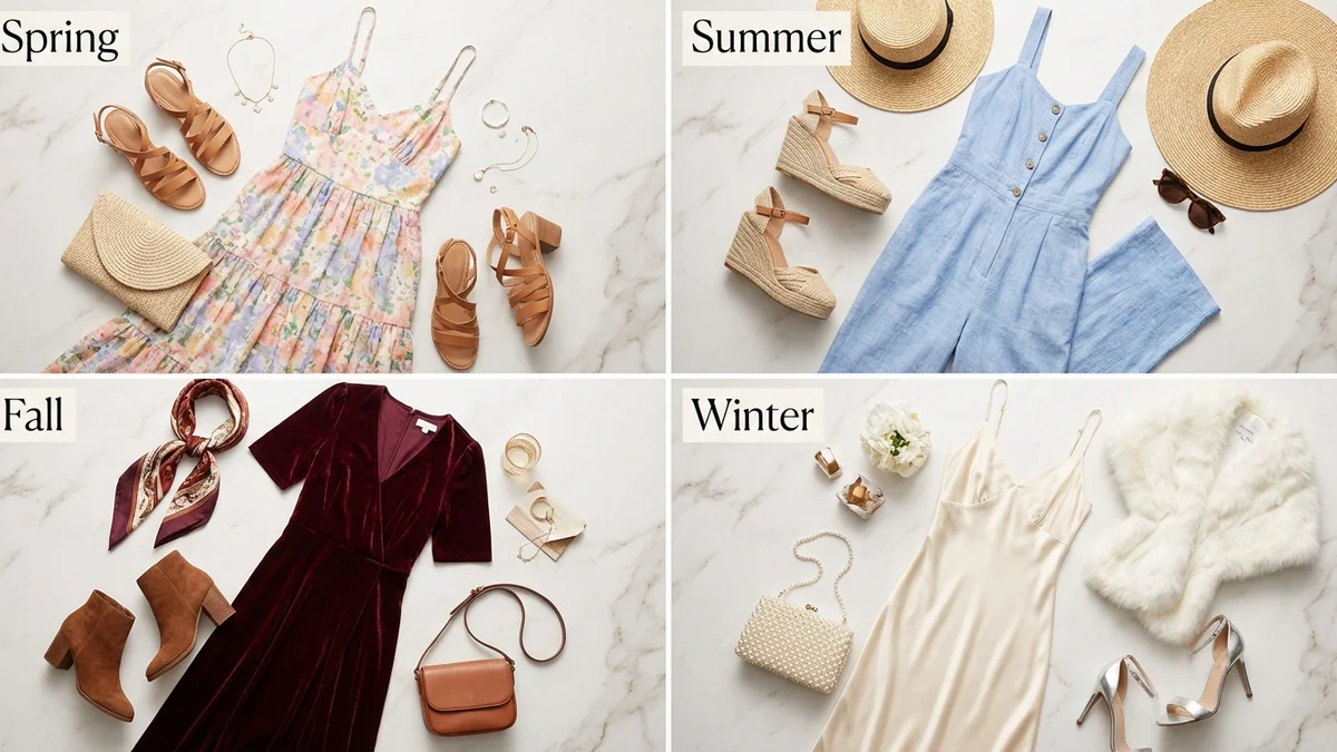 Seasonal bridal shower outfit inspiration across spring, summer, fall, and winter