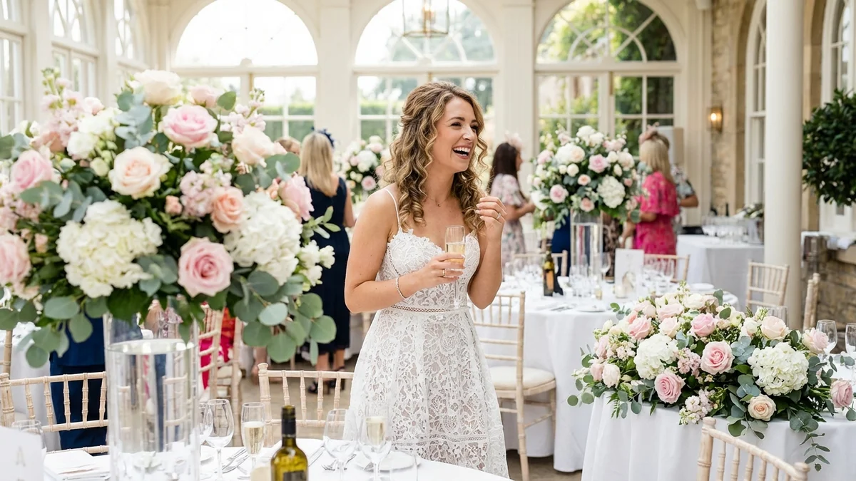 Bride-to-be in an elegant white lace dress at her bridal shower celebration with floral decorations