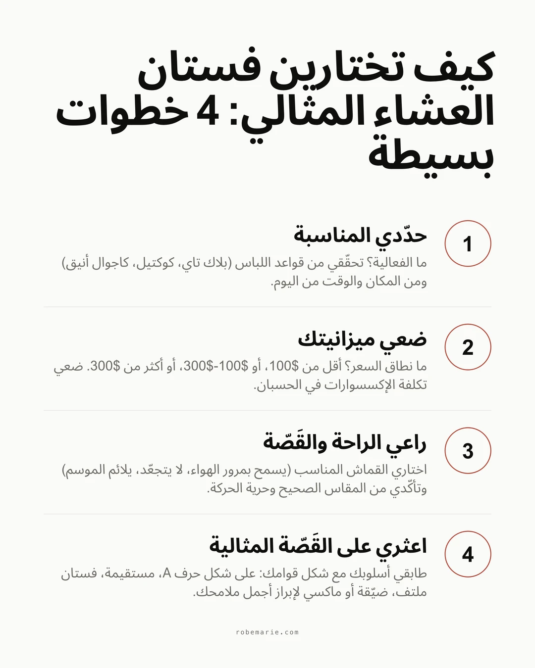 إنفوغرافيك يُظهر عملية اختيار فستان عشاء البروفة من المكان إلى الإطلالة النهائية