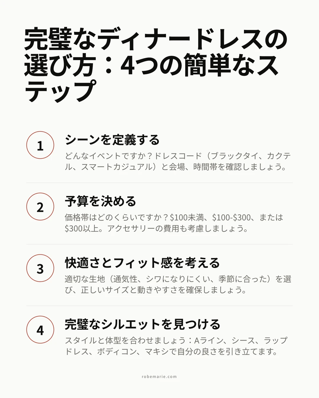 会場選びから最終的な装いまで、リハーサルディナードレスの選び方のプロセスを示すインフォグラフィック