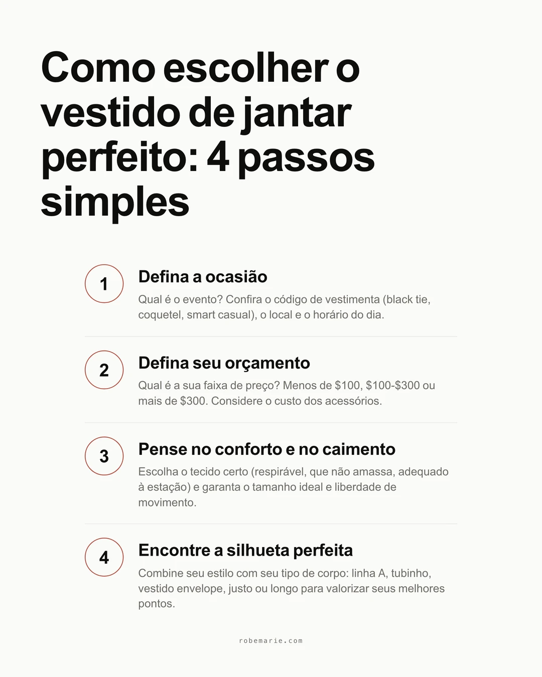 Infográfico mostrando o processo de escolha do vestido de jantar de ensaio, do local ao look final