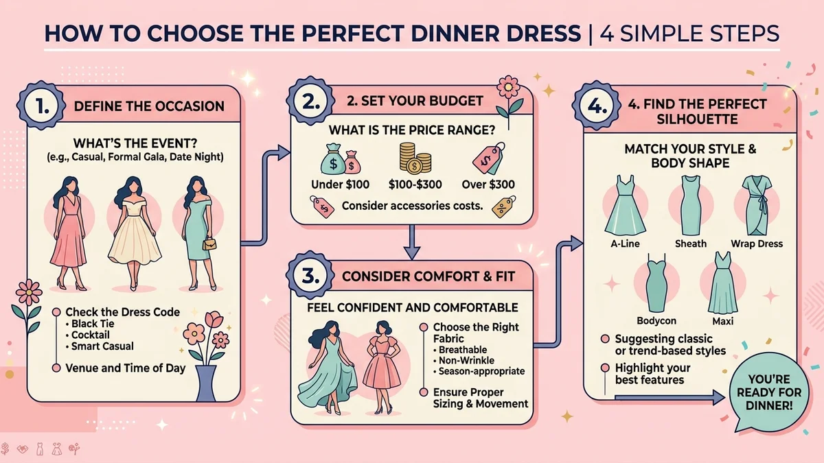 Infographic showing rehearsal dinner dress selection process from venue to final look