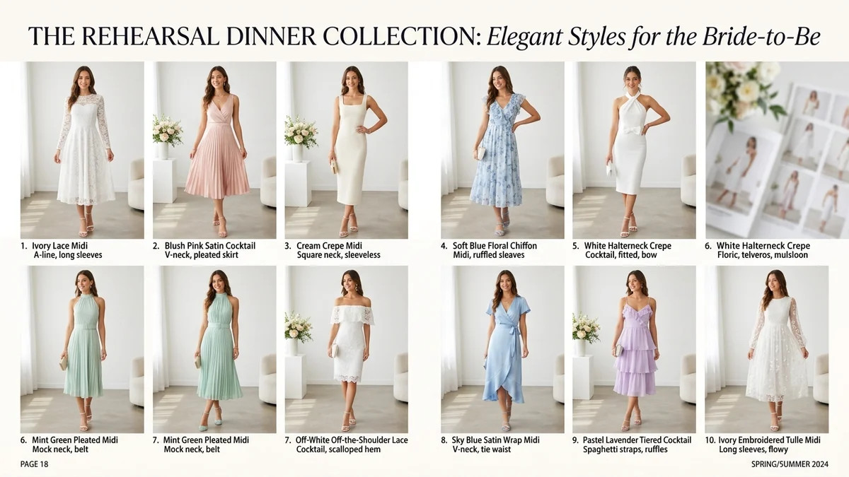 Bride in a chic rehearsal dinner outfit greeting guests at an elegant restaurant
