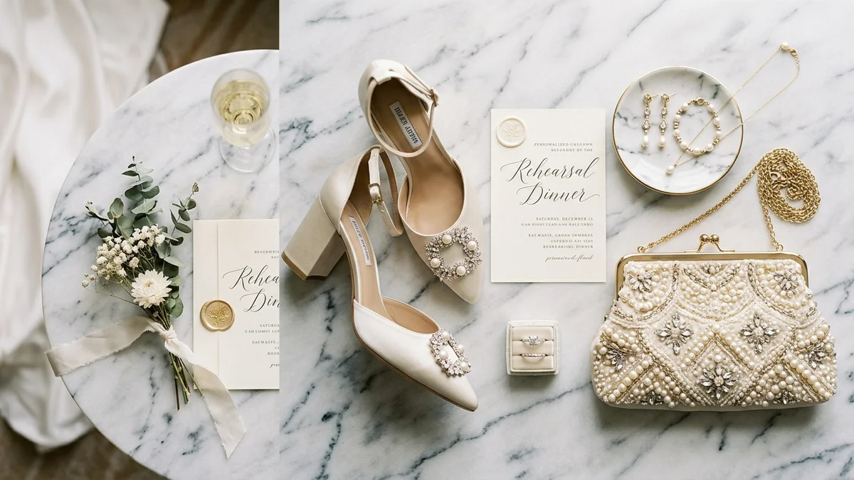 Various rehearsal dinner dress styles arranged in a bridal boutique display