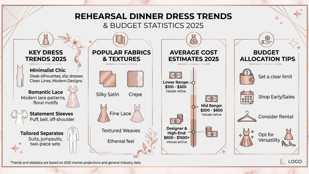 Infographic showing 2026 rehearsal dinner dress color and fabric trends
