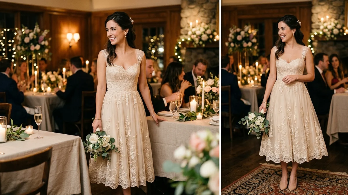 Bride wearing an elegant white midi dress at a candlelit rehearsal dinner venue with soft floral accents