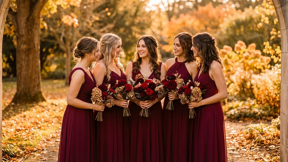 Bridesmaids wearing elegant burgundy dresses in a romantic autumn setting