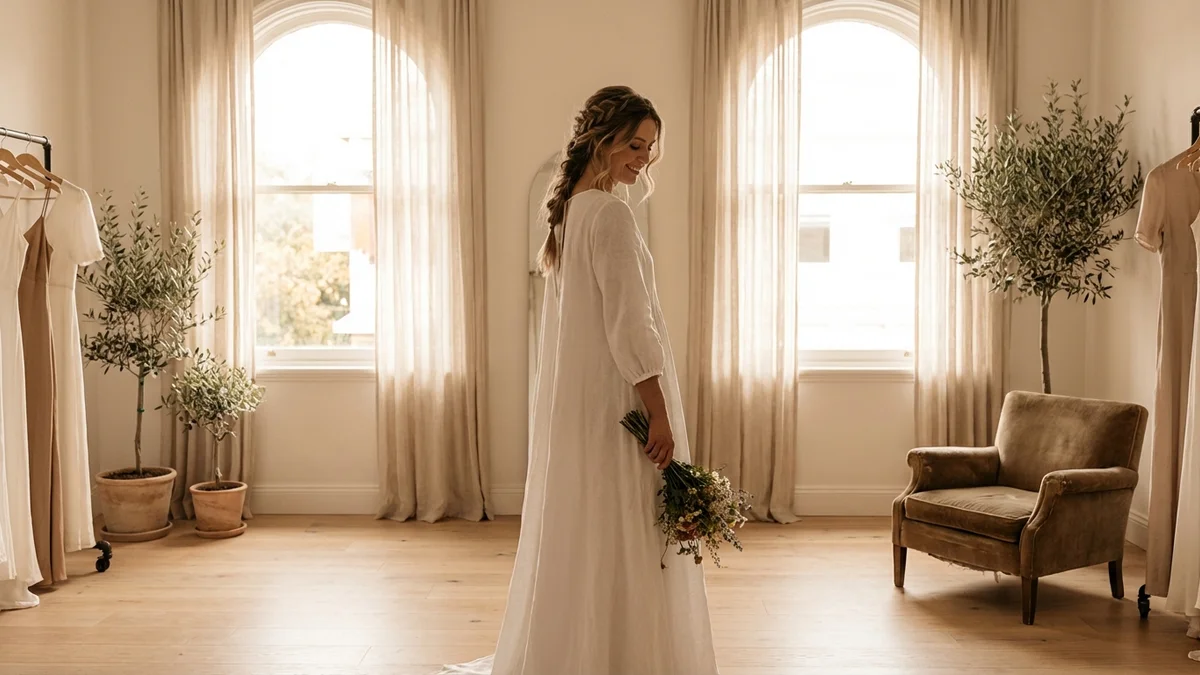 Elegant bride in a relaxed casual wedding dress in a light-filled setting