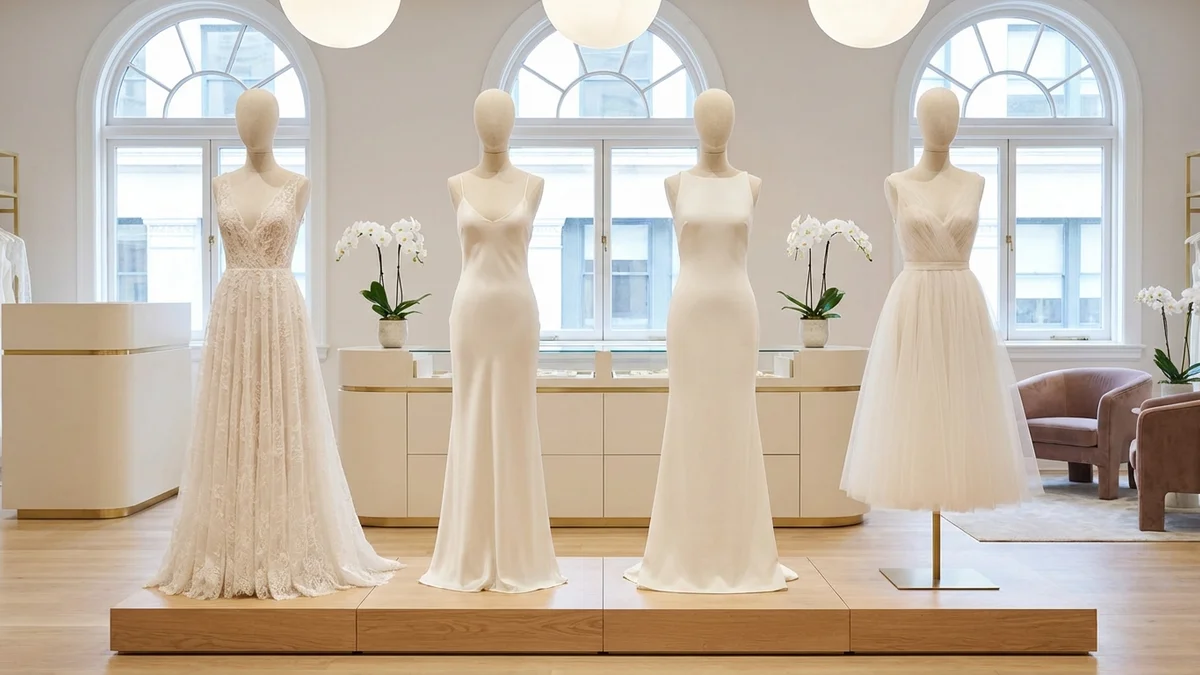 Different casual wedding dress silhouettes displayed in a bright boutique
