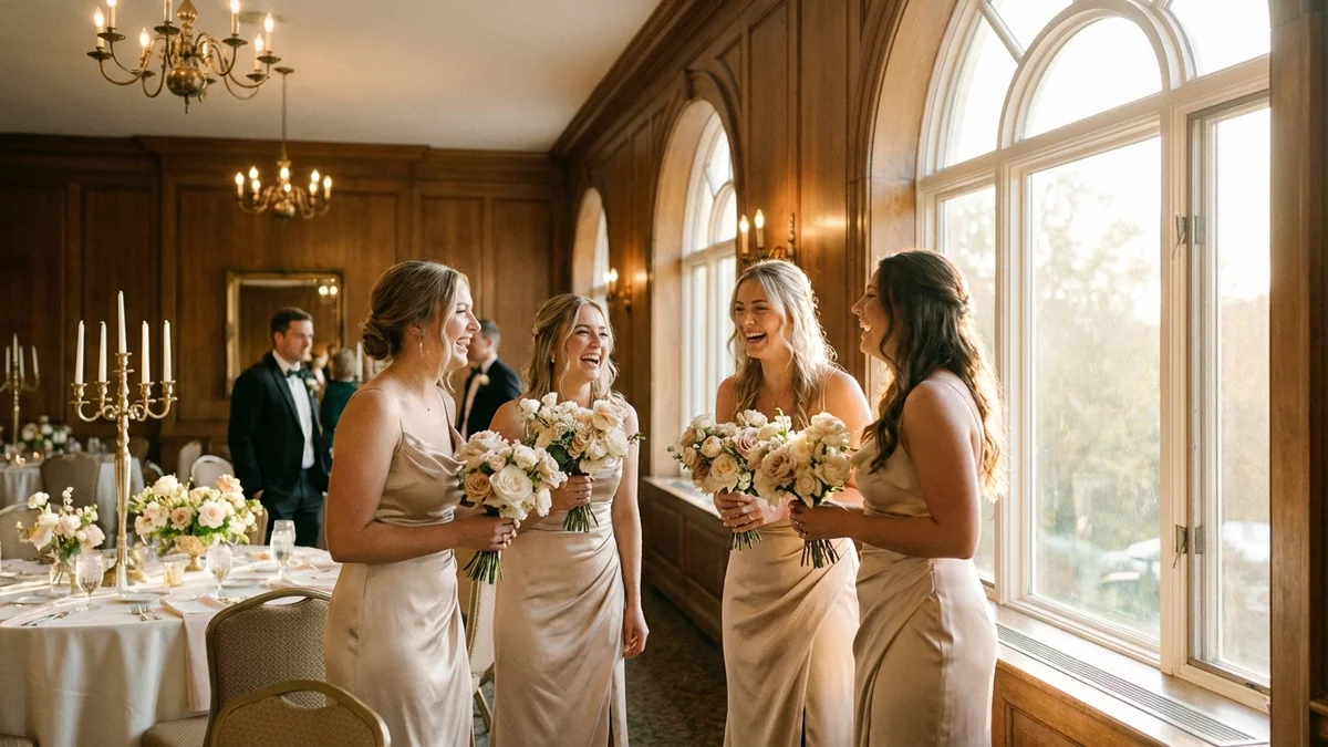 Bridesmaids in champagne dresses at elegant venue