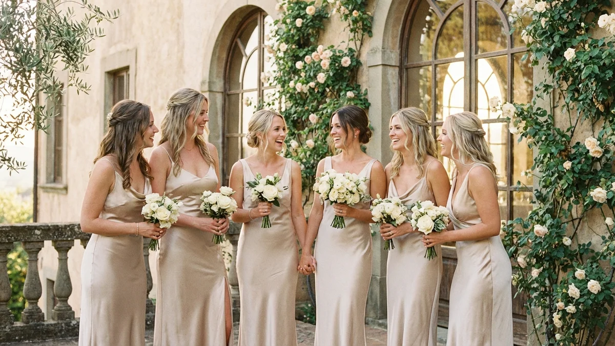 Bridesmaids wearing elegant champagne-colored dresses in a romantic wedding setting