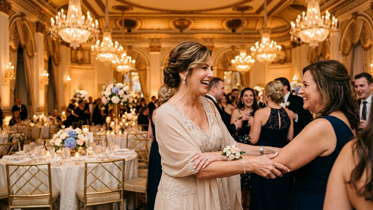 Radiant mother of the bride in a champagne chiffon gown greeting guests in an elegant ballroom with crystal chandeliers