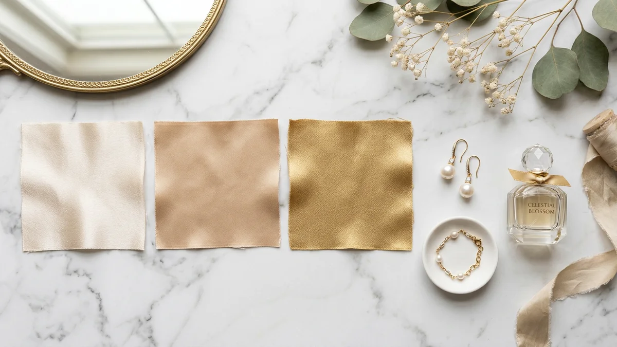Close-up of champagne fabric swatches in light, medium, and deep tones arranged on a marble vanity beside pearl jewelry