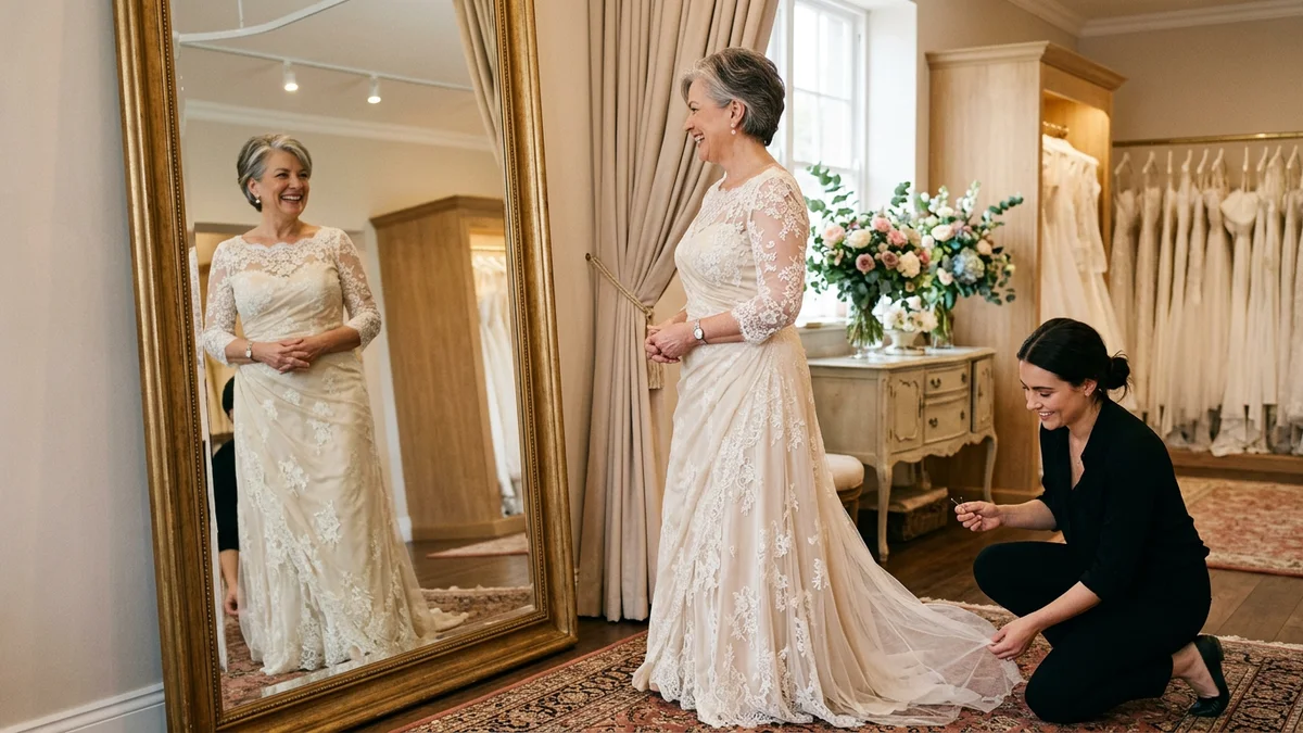 Mother of the bride trying on a champagne A-line gown with delicate lace overlay in a luxury bridal salon, candid moment captured in natural light